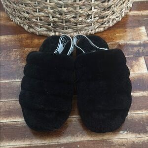 UGG Black Fleece Slippers with Logo Strap
